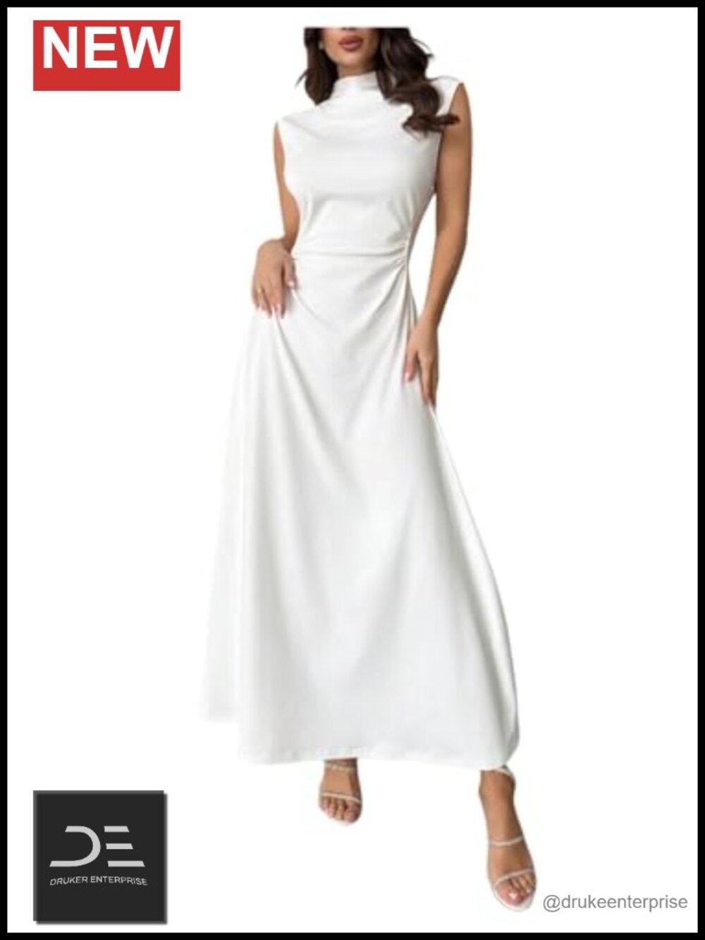 Womens High Neck Ruched Formal Maxi Dress Sleeveless A-Line
